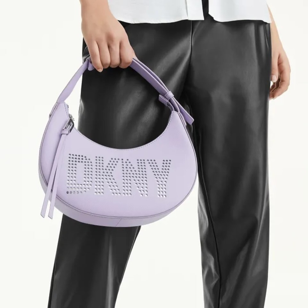 DKNY Essex Saffiano 100% Cow Leather Shoulder Bag in a purple colorway